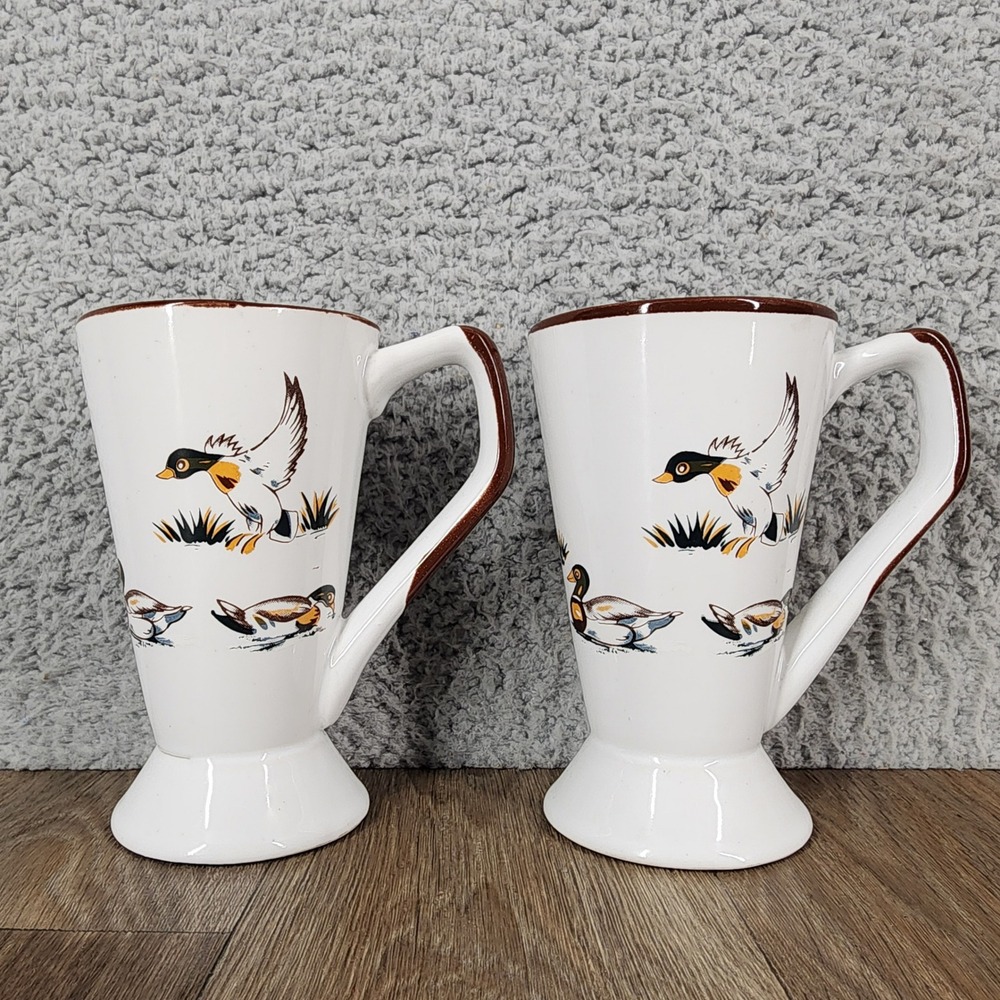 Vintage‎ Mallard Duck Pedestal Ceramic Coffee Mugs White Brown Set of 2